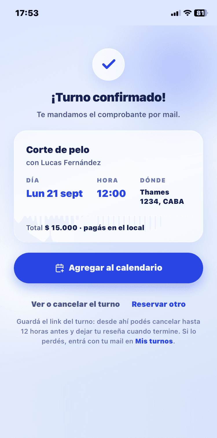 La pantalla de turno confirmado, con el ticket del turno y el botón para agregarlo al calendario