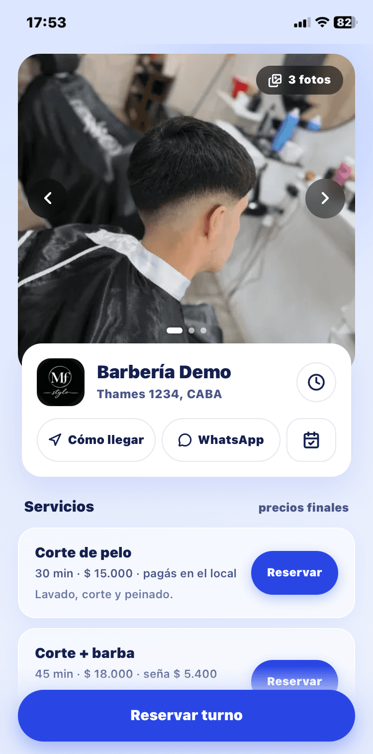 La página pública de Barbería Demo, con su foto, sus servicios y precios