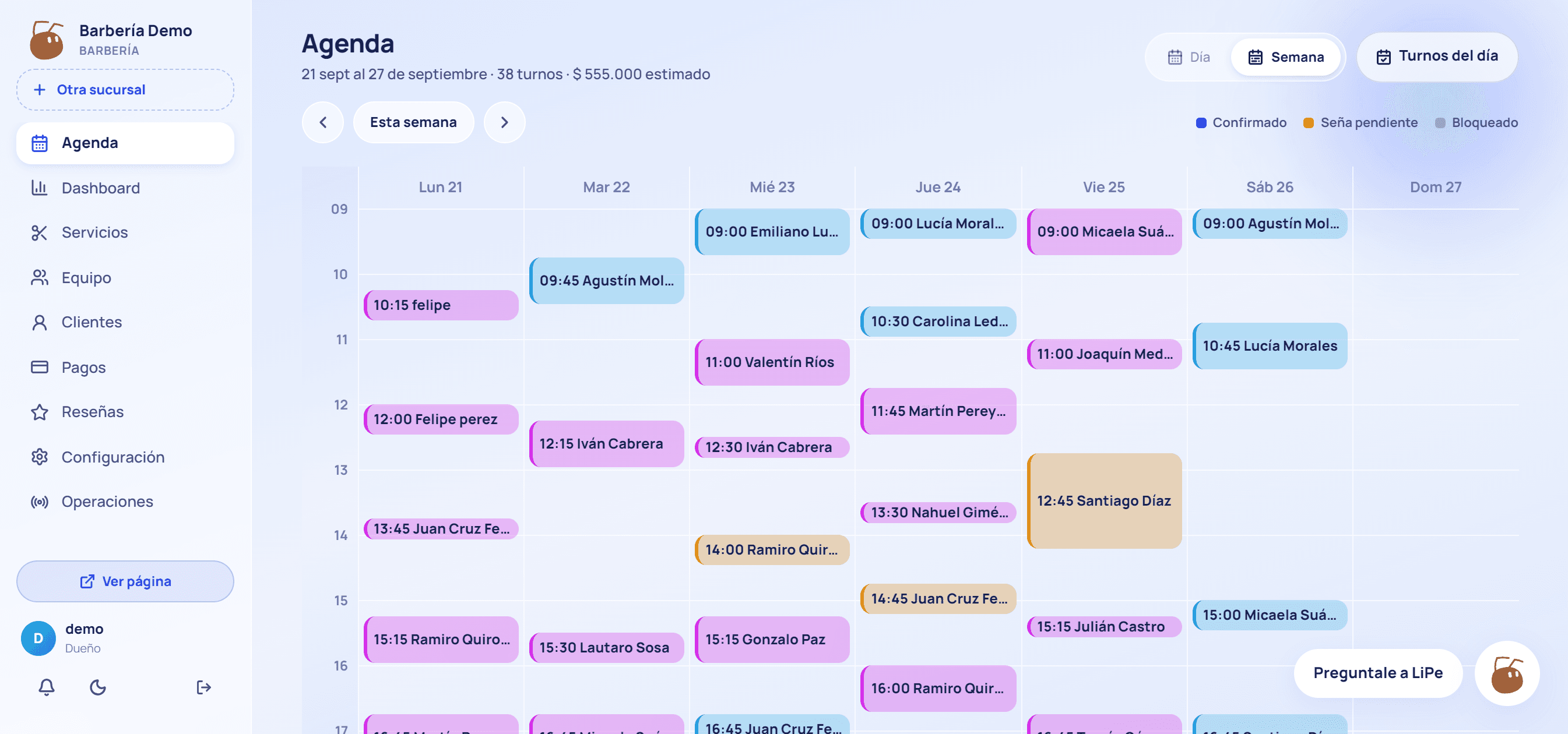 La agenda semanal del panel, con los turnos de cada día